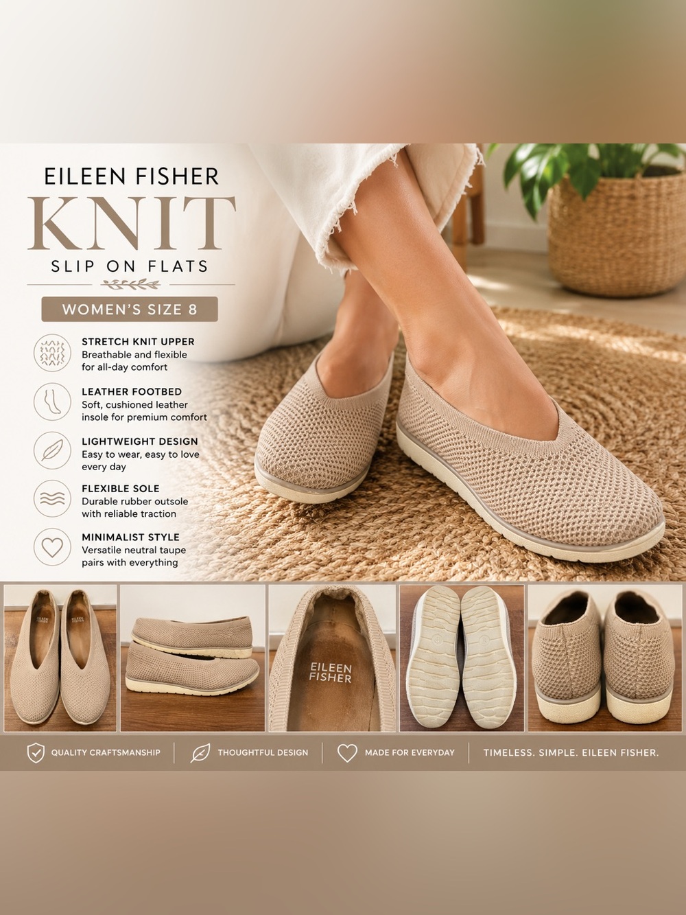 Eileen Fisher Knit Slip On Flats Taupe Comfort Shoes Women’s Size 8